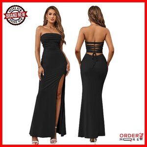 Strapless Tube Top Maxi Dress Bodycon Slit Wedding Guest Party